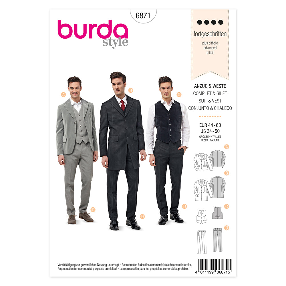 BURDA Sewing Pattern 6871 Men's Suit And Vest