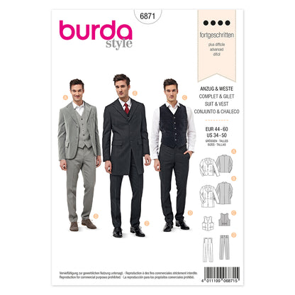 BURDA Sewing Pattern 6871 Men's Suit And Vest