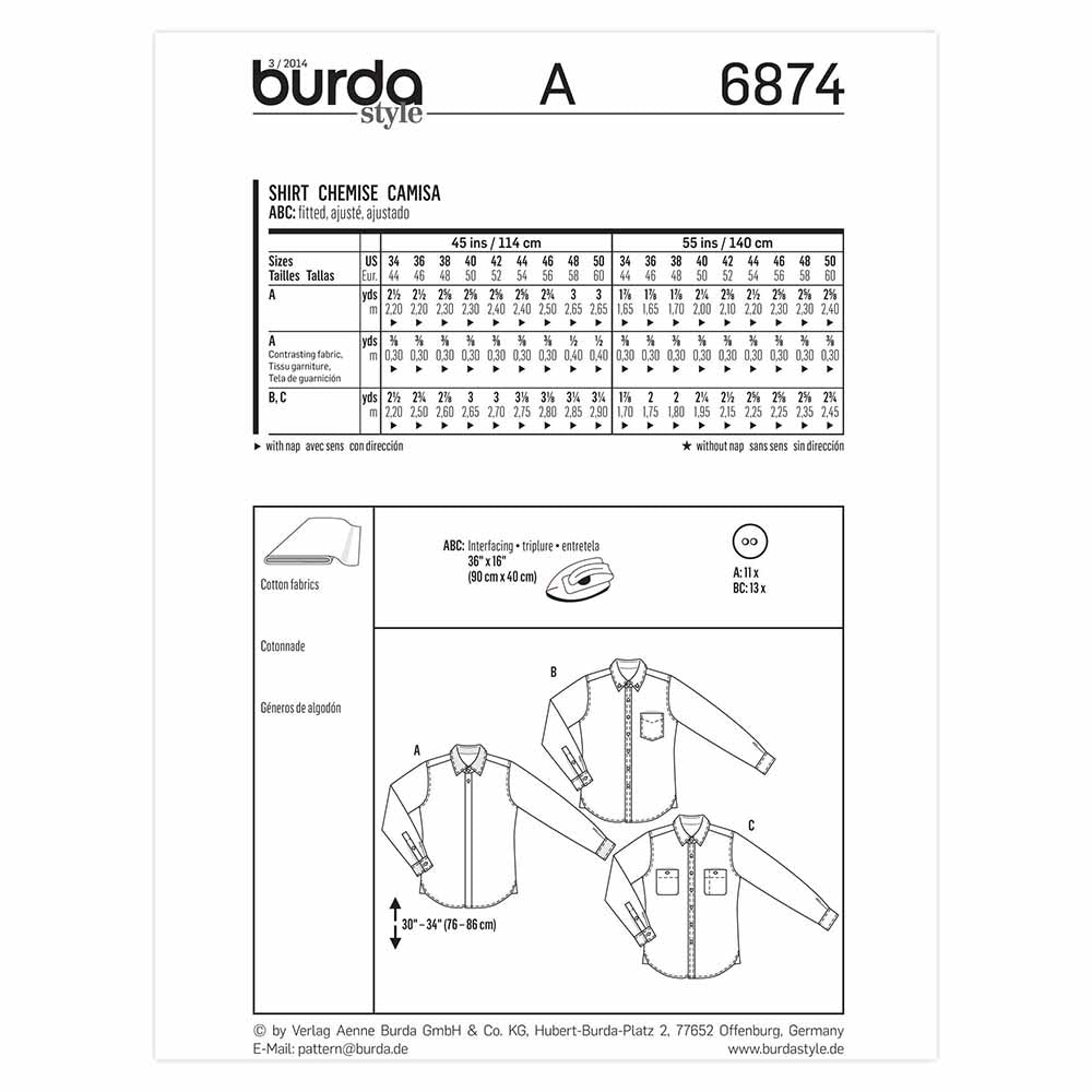 BURDA Sewing Pattern 6874 Men's Shirts