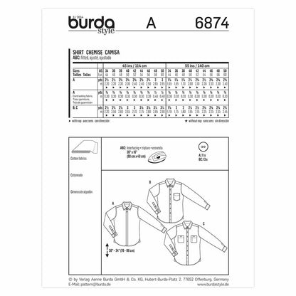 BURDA Sewing Pattern 6874 Men's Shirts