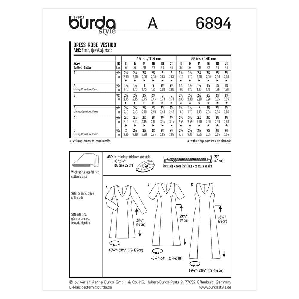 BURDA Sewing Pattern 6894 Women's Dresses Sizes 10–20