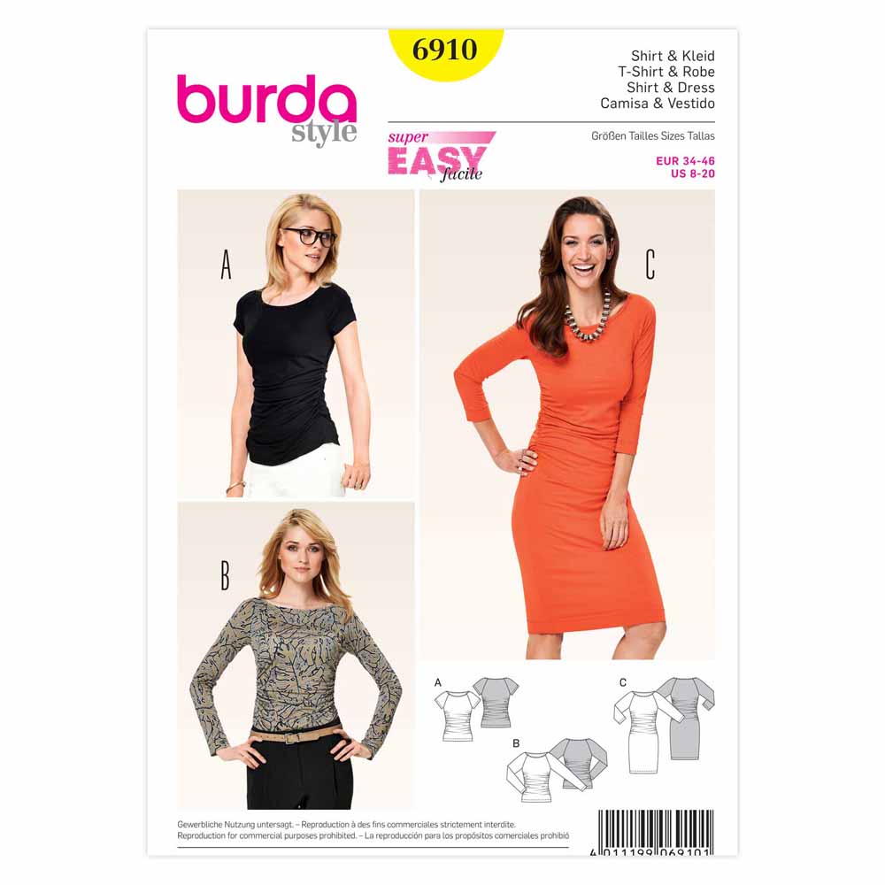 BURDA Sewing Pattern 6910 Women's Tops & Dress Sizes 8–20