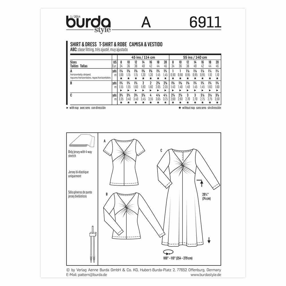 BURDA Sewing Pattern 6911 Women's Tops & Dress Sizes 8–20