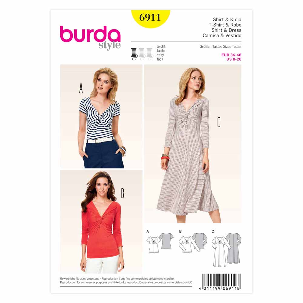 BURDA Sewing Pattern 6911 Women's Tops & Dress Sizes 8–20