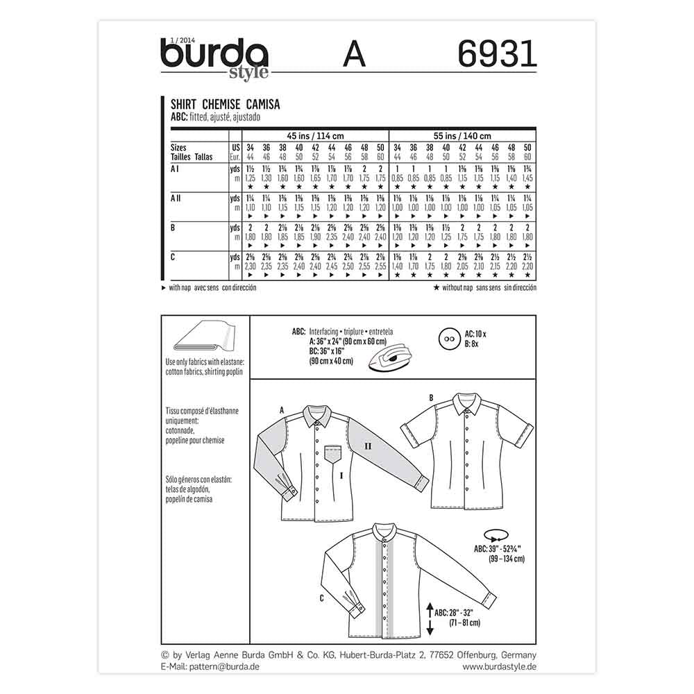 BURDA Sewing Pattern 6931 Men's Shirts Sizes 34–50