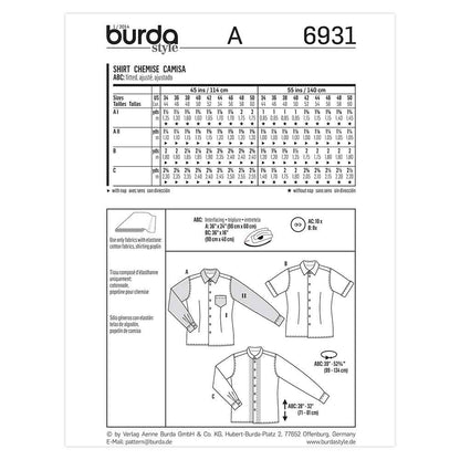 BURDA Sewing Pattern 6931 Men's Shirts Sizes 34–50