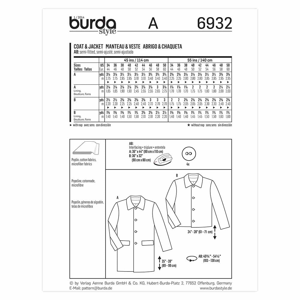BURDA Sewing Pattern 6932 Men's Jacket/Coat Sizes 34–50