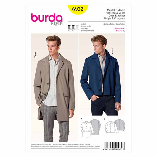 BURDA Sewing Pattern 6932 Men's Jacket/Coat Sizes 34–50