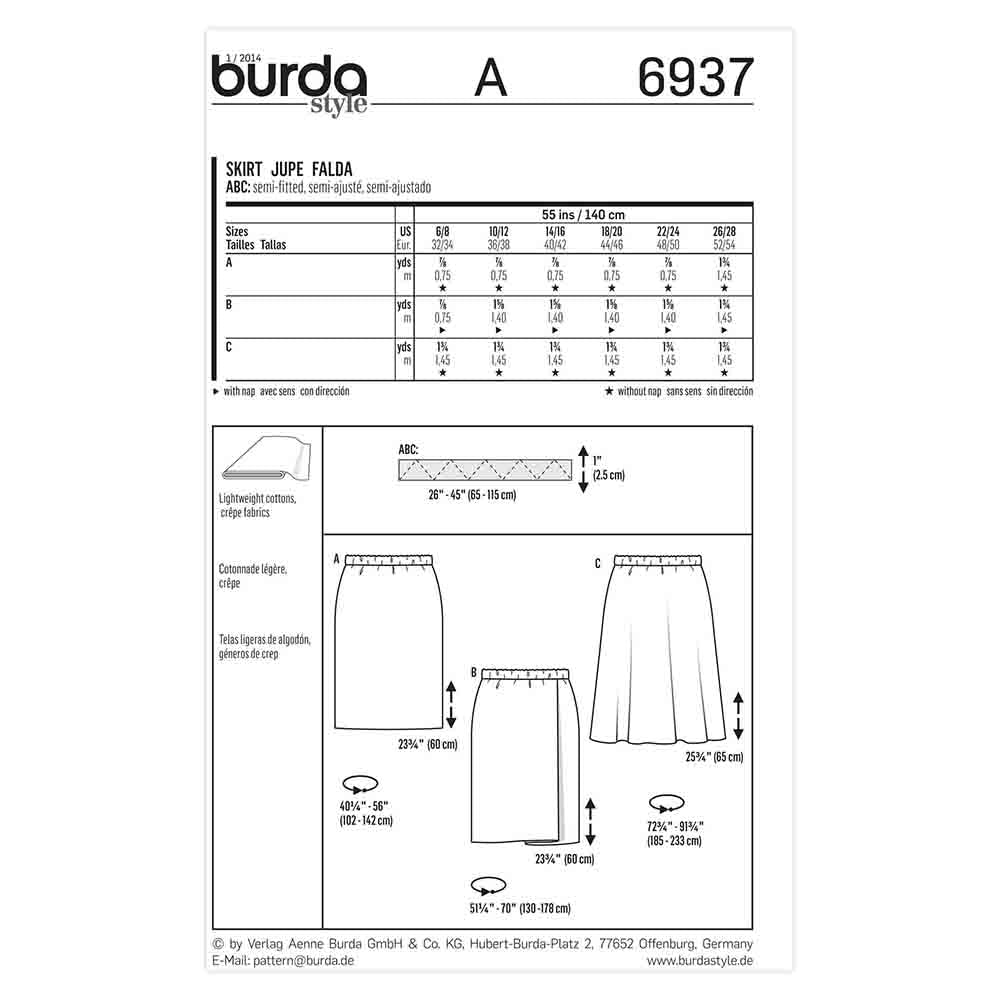 BURDA Sewing Pattern 6937 Women's Skirts Sizes 6–28