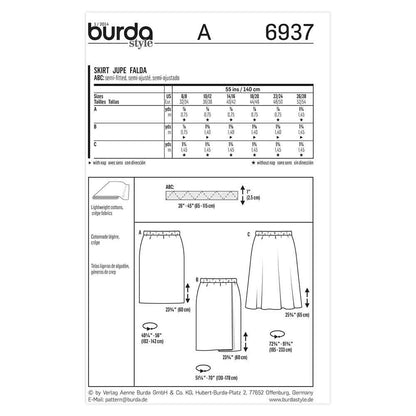 BURDA Sewing Pattern 6937 Women's Skirts Sizes 6–28