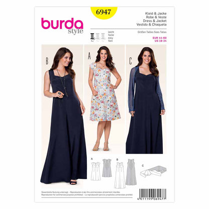 BURDA Sewing Pattern 6947 Plus Size Dresses & Shrug Sizes 18–34