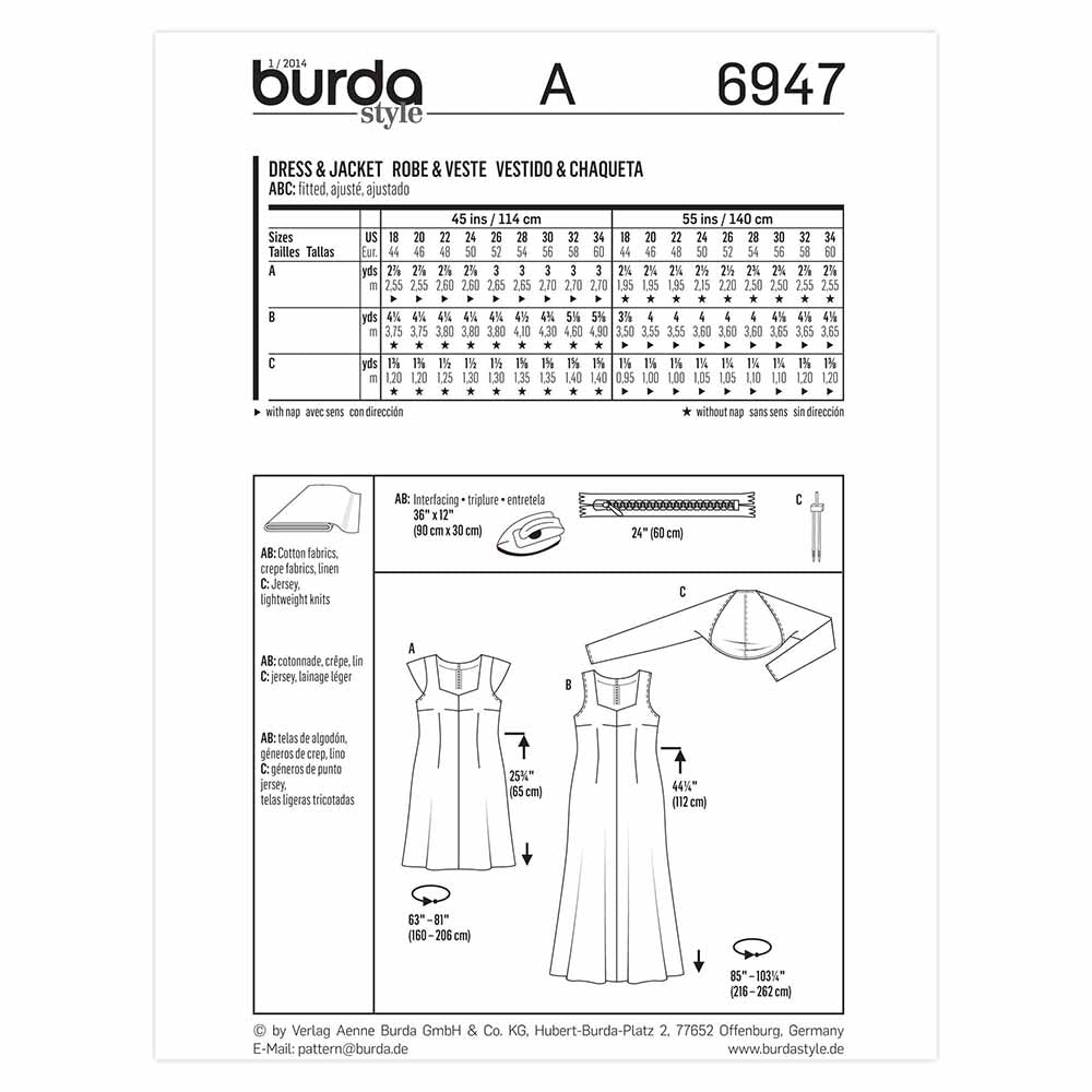 BURDA Sewing Pattern 6947 Plus Size Dresses & Shrug Sizes 18–34
