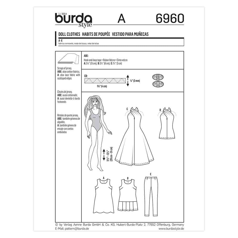 BURDA Sewing Pattern 6960 Doll Clothes (11-1/2” Doll) Sizes One Size