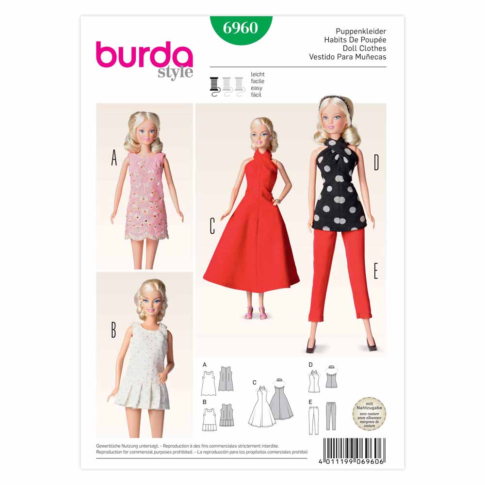 BURDA Sewing Pattern 6960 Doll Clothes (11-1/2” Doll) Sizes One Size