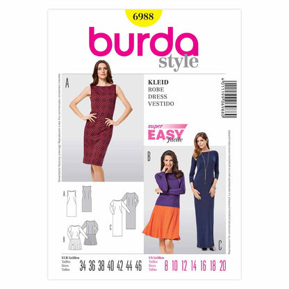 BURDA Sewing Pattern 6988 Women's Jersey Dress Sizes 8–20