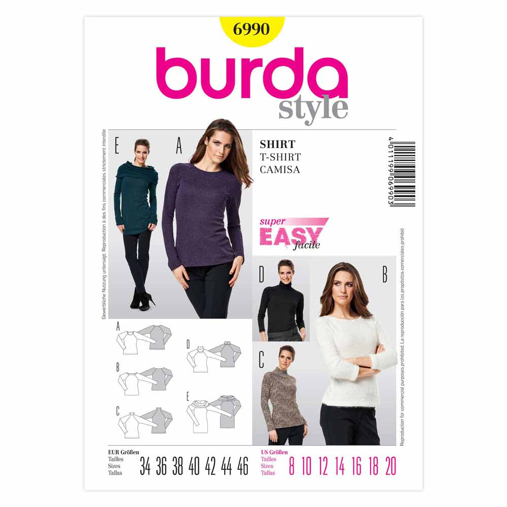 BURDA Sewing Pattern 6990 Women's Raglan Tops Sizes 8–20