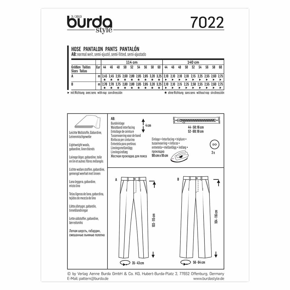BURDA Sewing Pattern 7022 Men's Trousers Sizes 34–50