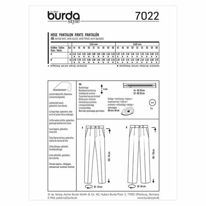 BURDA Sewing Pattern 7022 Men's Trousers Sizes 34–50