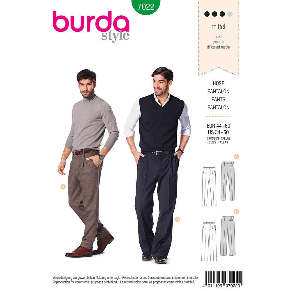 BURDA Sewing Pattern 7022 Men's Trousers Sizes 34–50