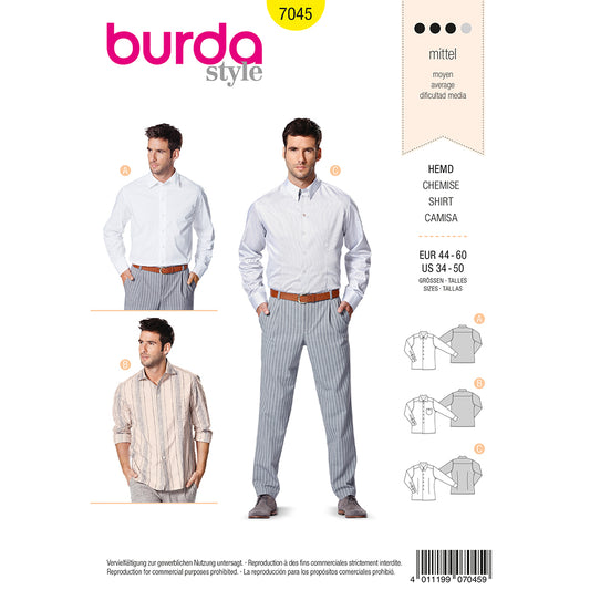 BURDA Sewing Pattern 7045 Men's Shirt Sizes 34–50