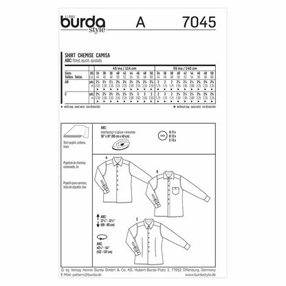 BURDA Sewing Pattern 7045 Men's Shirt Sizes 34–50