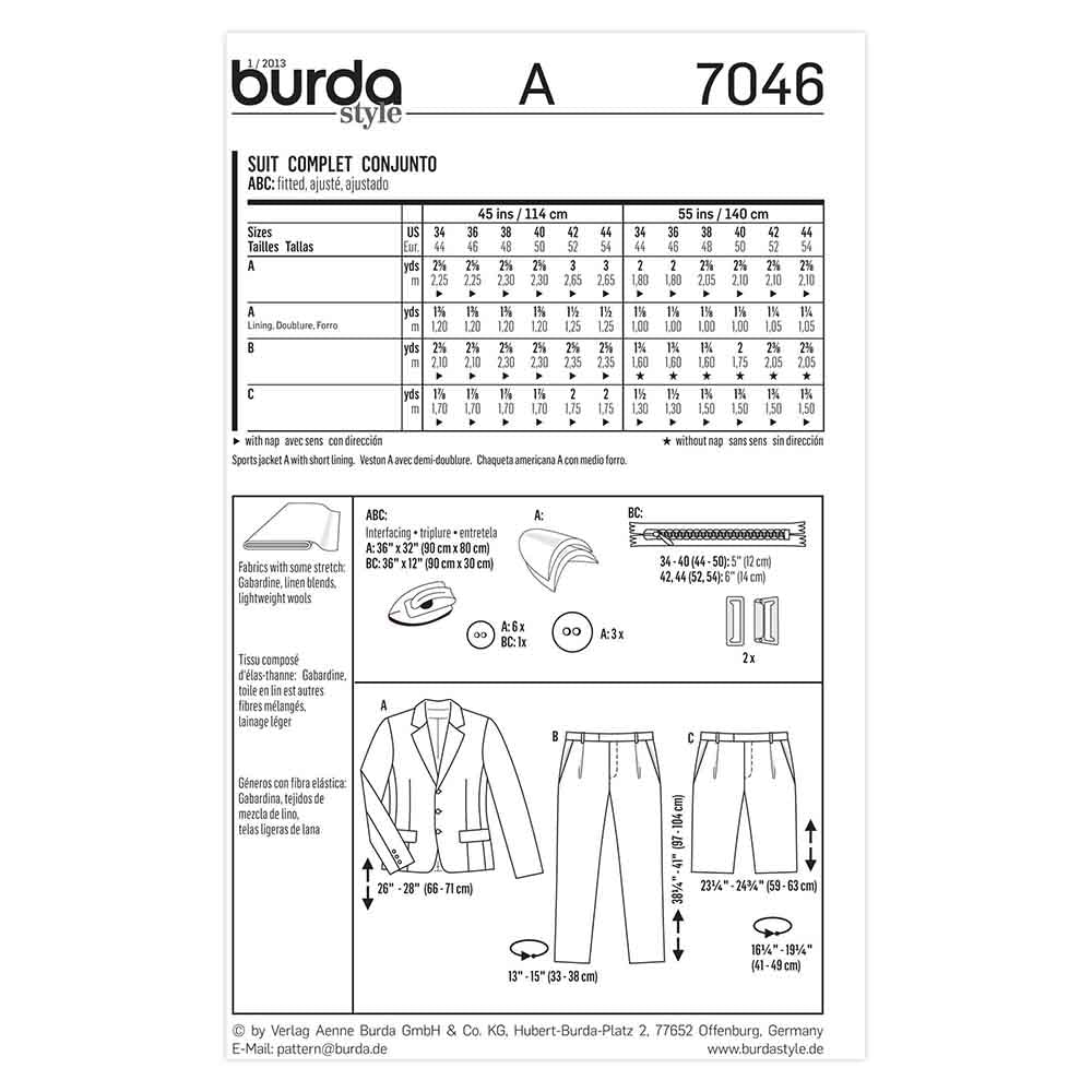 BURDA Sewing Pattern 7046 Men's Suit, Trousers & Shorts Sizes 34–44