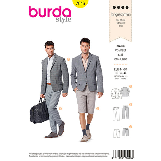 BURDA Sewing Pattern 7046 Men's Suit, Trousers & Shorts Sizes 34–44
