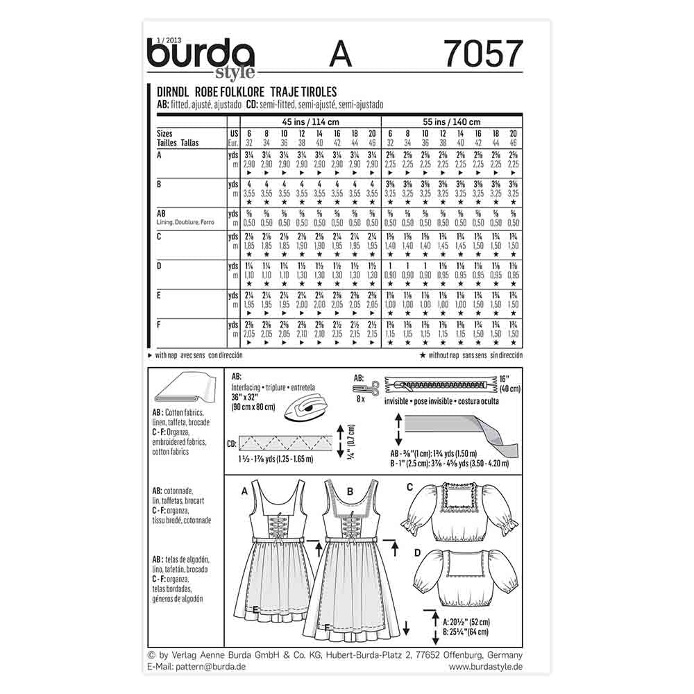 BURDA Sewing Pattern 7057 Women's Folklore Costume (Dirndl) Sizes 6–20