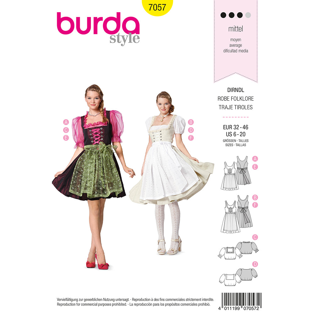 BURDA Sewing Pattern 7057 Women's Folklore Costume (Dirndl) Sizes 6–20