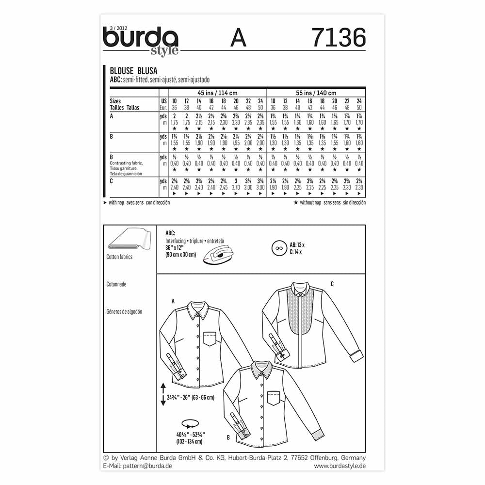 BURDA Sewing Pattern Pattern 7136 Ladies Blouse