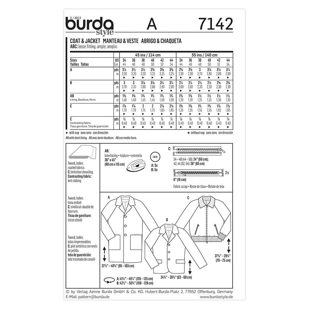 BURDA Sewing Pattern Pattern 7142 Mens Coat/dress
