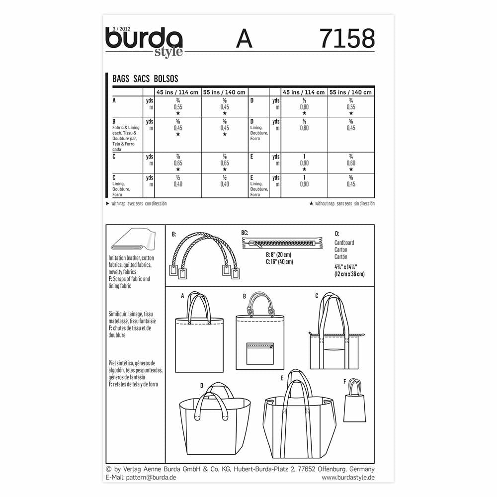 BURDA Sewing Pattern Pattern 7158 Accessory Bags