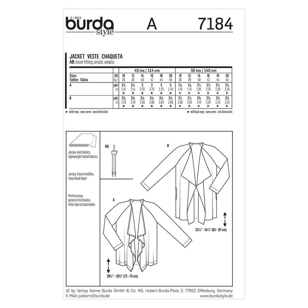 BURDA Sewing Pattern Pattern 7184 Ladies Jacket
