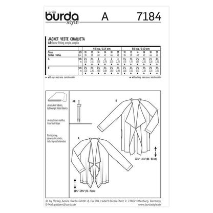 BURDA Sewing Pattern Pattern 7184 Ladies Jacket
