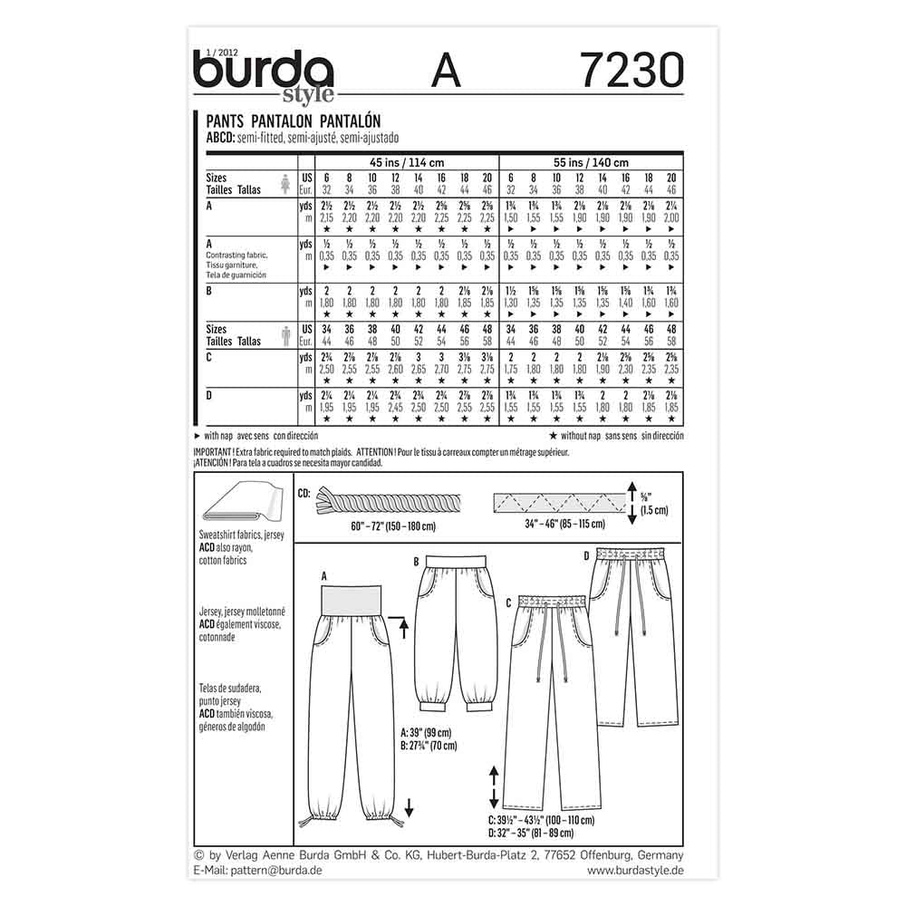 BURDA Sewing Pattern Pattern 7230 Unisex Pants