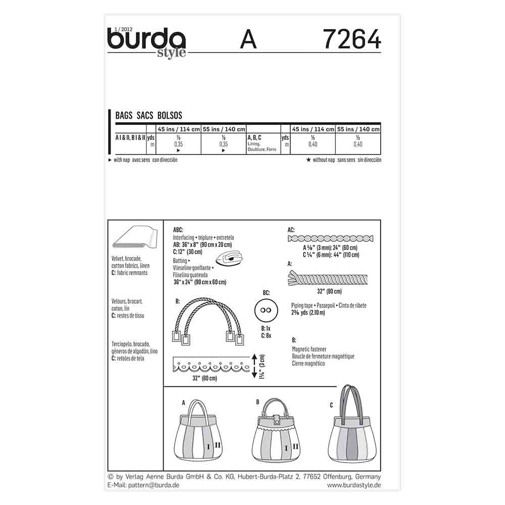 BURDA Sewing Pattern Pattern 7264 Accessory Bags