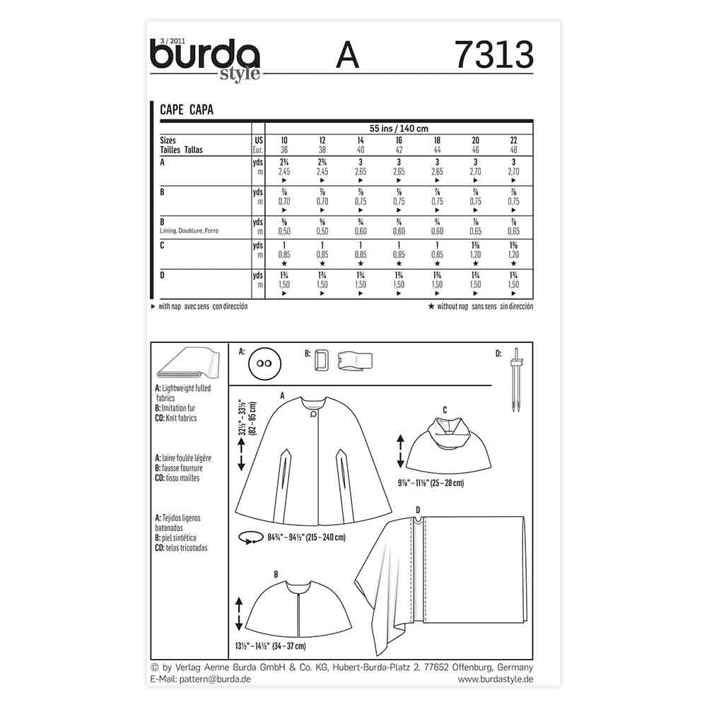 BURDA Sewing Pattern Pattern 7313 Ladies Cape