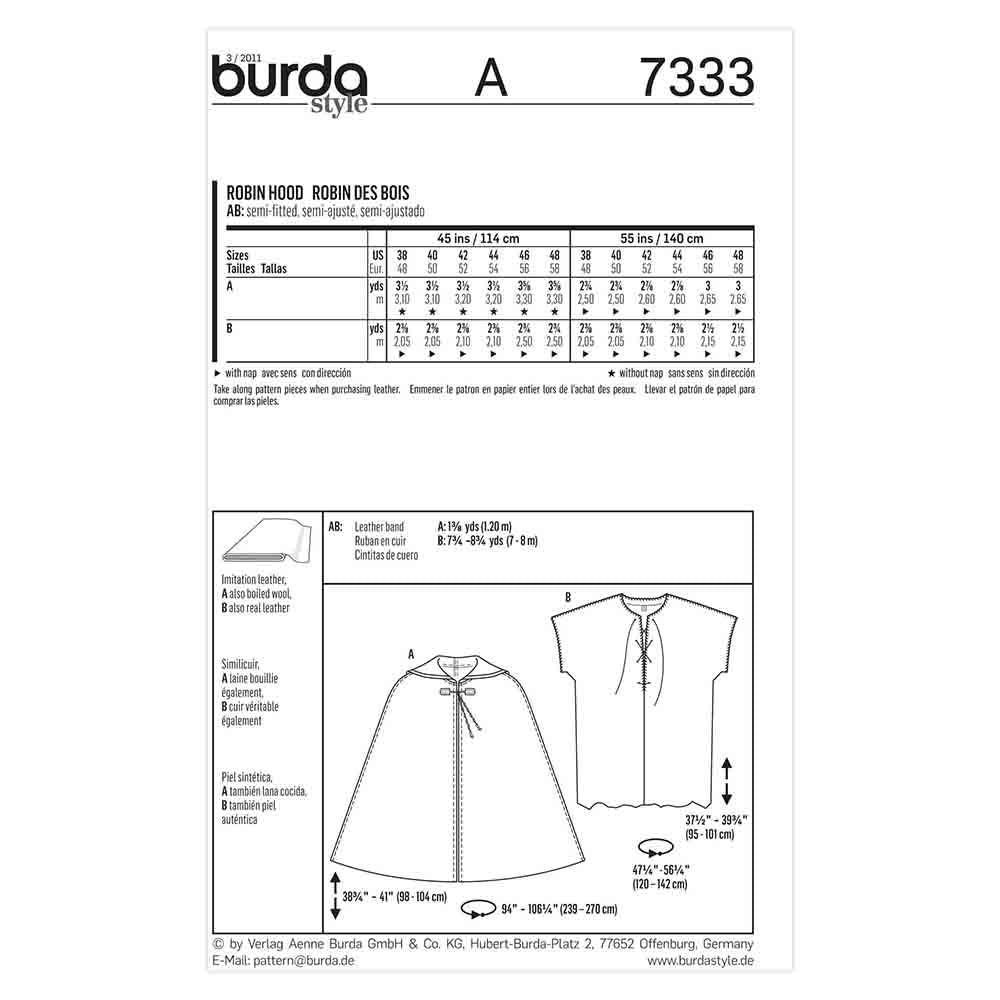 BURDA Sewing Pattern Pattern 7333 Costume Mns Robin Hood