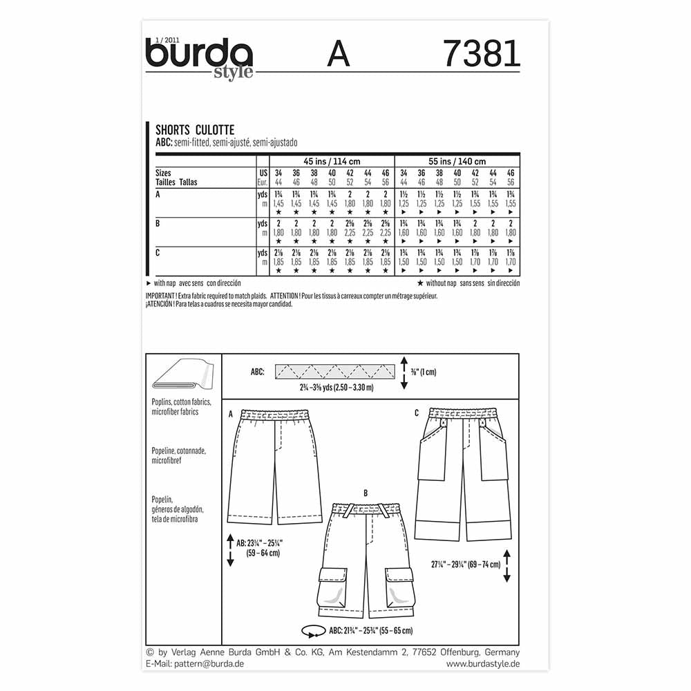 BURDA Sewing Pattern Pattern 7381 Mens Shorts