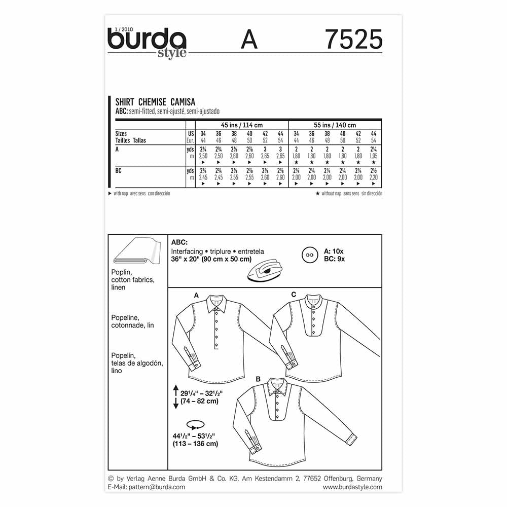 BURDA Men's Shirt Sewing Pattern 7525, Sizes 34–44
