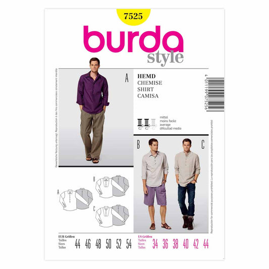 BURDA Men's Shirt Sewing Pattern 7525, Sizes 34–44