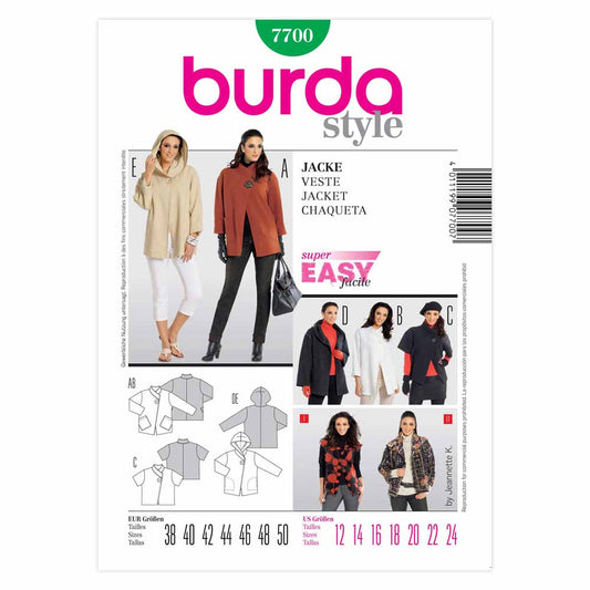 BURDA Wide Jacket Sewing Pattern 7700, Sizes 12–24