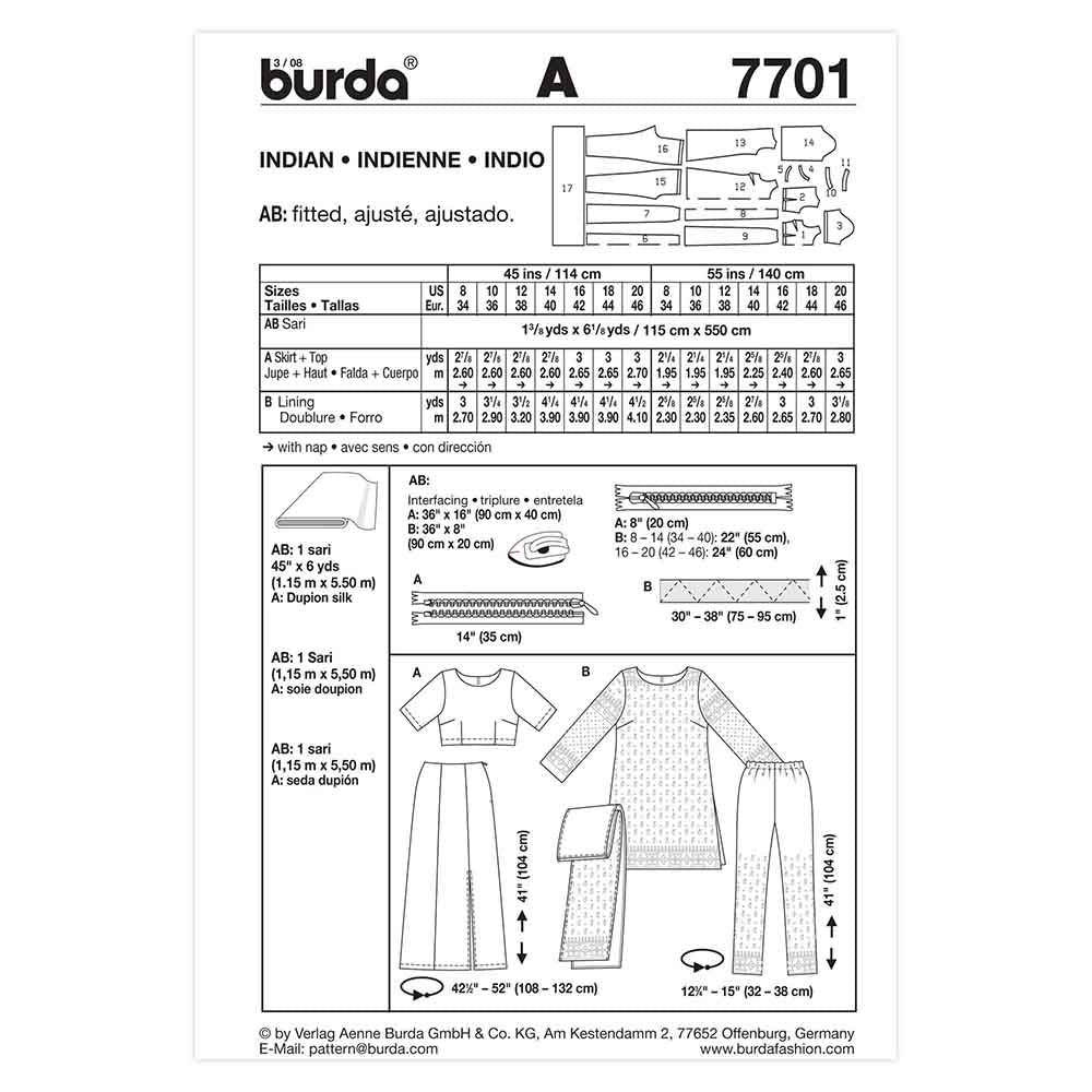 BURDA Sari Outfit Set Sewing Pattern 7701, Sizes 8–20