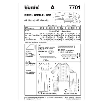 BURDA Sari Outfit Set Sewing Pattern 7701, Sizes 8–20