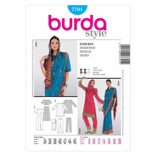 BURDA Sari Outfit Set Sewing Pattern 7701, Sizes 8–20