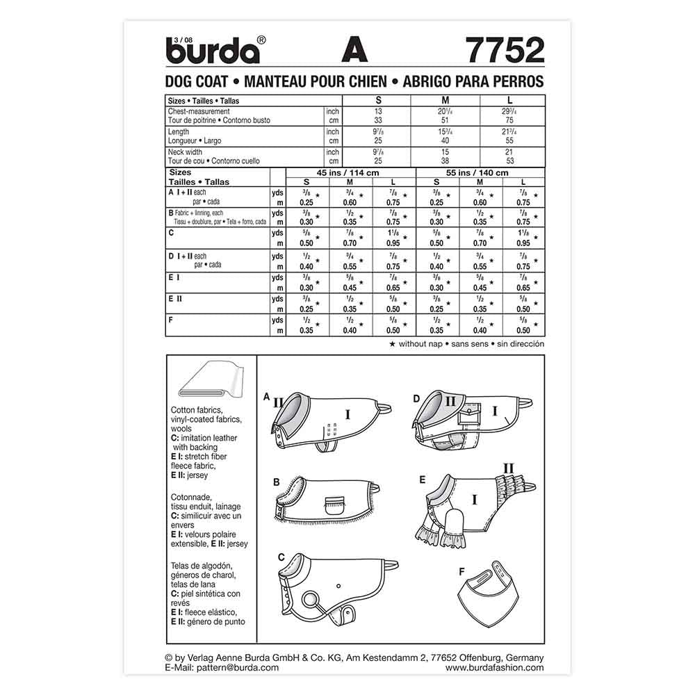 BURDA Dog Coat Sewing Pattern 7752, 5 Styles, 3 Sizes