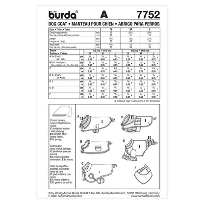 BURDA Dog Coat Sewing Pattern 7752, 5 Styles, 3 Sizes