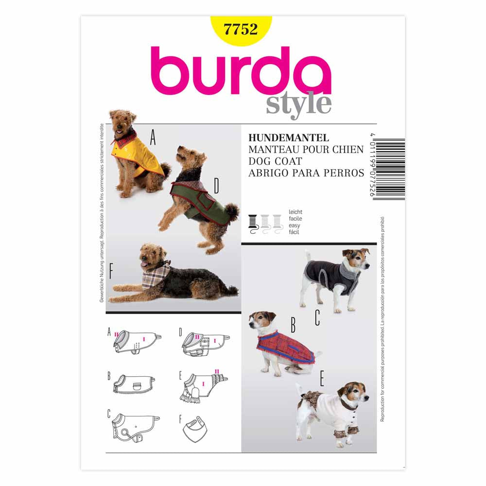 BURDA Dog Coat Sewing Pattern 7752, 5 Styles, 3 Sizes