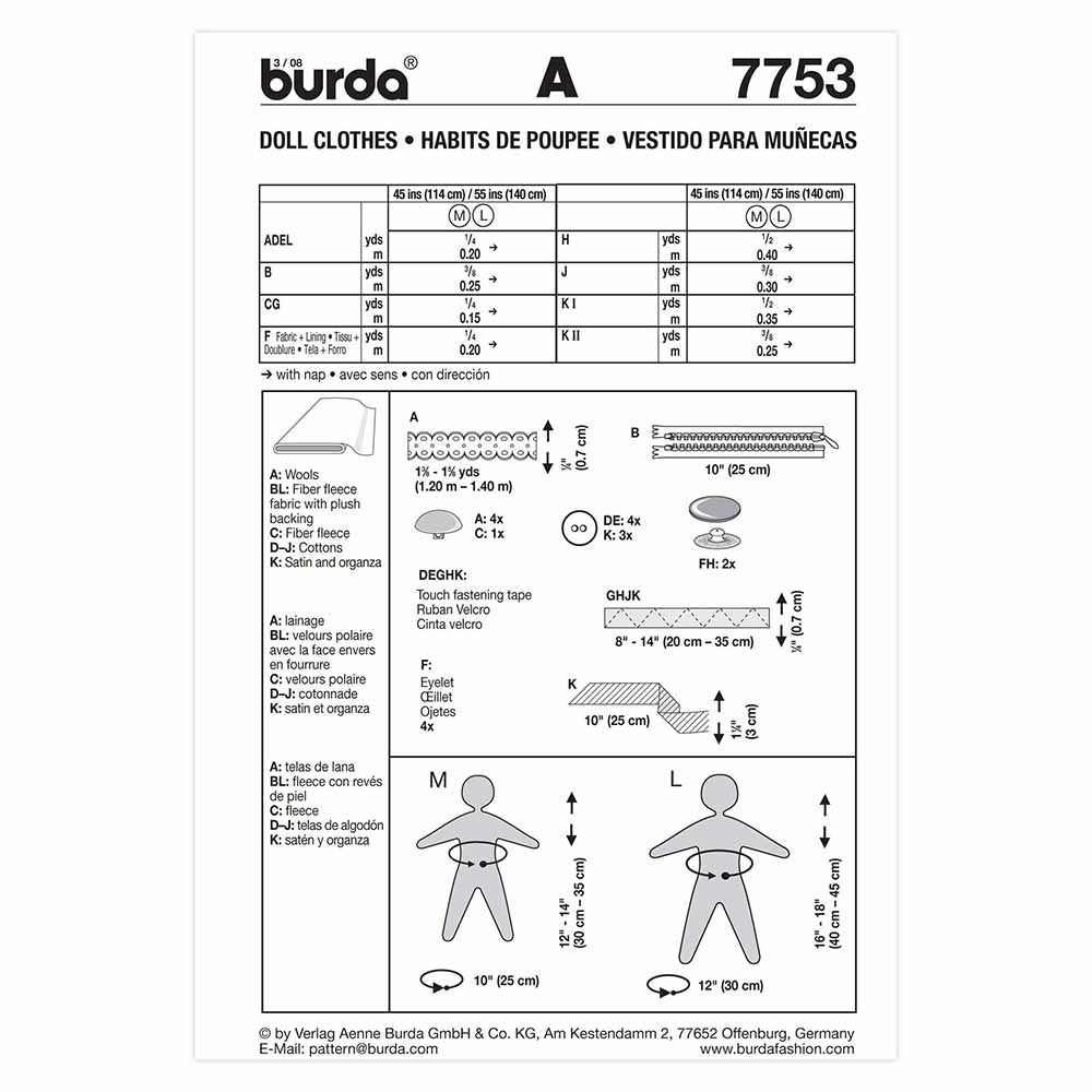 BURDA Doll Clothes Sewing Pattern 7753, 12–14 & 16–18 In Dolls