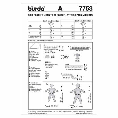 BURDA Doll Clothes Sewing Pattern 7753, 12–14 & 16–18 In Dolls